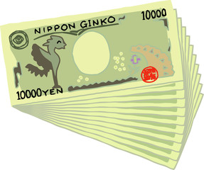 Backside Bunch of Cute hand-painted Japanese 10000 yen note outline