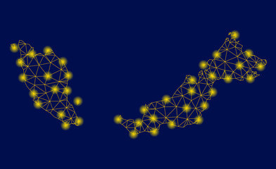 Bright yellow mesh Malaysia map with glow effect. Wire carcass polygonal mesh in vector EPS10 format on a dark black background. Abstract 2d mesh designed with polygonal grid, points,