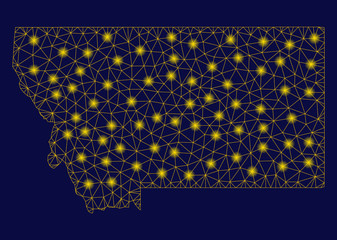 Bright yellow mesh Montana State map with lightspot effect. Wire frame polygonal mesh in vector EPS10 format on a dark black background. Abstract 2d mesh built from polygonal grid, dots,