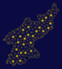 Bright yellow mesh North Korea map with lightspot effect. Wire carcass triangular mesh in vector EPS10 format on a dark black background. Abstract 2d mesh designed with triangular lines, points,