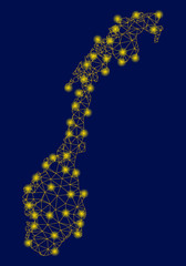 Bright yellow mesh Norway map with glare effect. Wire frame polygonal mesh in vector EPS10 format on a dark black background. Abstract 2d mesh designed with polygonal grid, round dots,