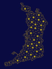 Bright yellow mesh Osaka Prefecture map with glare effect. Wire carcass polygonal mesh in vector EPS10 format on a dark black background. Abstract 2d mesh created from polygonal grid, round dots,