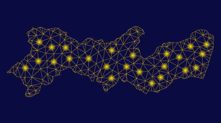 Bright yellow mesh Pernambuco State map with glow effect. Wire carcass polygonal mesh in vector EPS10 format on a dark black background. Abstract 2d mesh designed with polygonal grid, small circle,