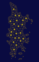 Bright yellow mesh Phuket map with glow effect. Wire frame polygonal mesh in vector EPS10 format on a dark black background. Abstract 2d mesh designed with triangles, spheric points,