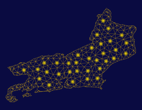 Bright yellow mesh Rio de Janeiro State map with glow effect. Wire carcass triangular mesh in vector EPS10 format on a dark black background. Abstract 2d mesh designed with triangular lines, points,