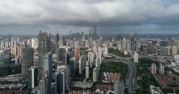 time lapse of aerial View of Jing'an district in Shanghai city