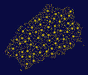Bright yellow mesh Saint Helena Island map with glare effect. Wire frame polygonal mesh in vector EPS10 format on a dark black background. Abstract 2d mesh designed with polygonal grid,