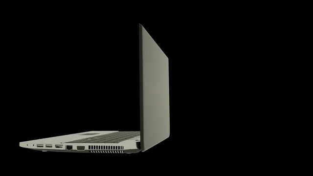 Highly detailed aluminum laptop notebook spinning over black background. Alpha channel included, 4K