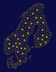 Bright yellow mesh Scandinavia map with glow effect. Wire frame triangular mesh in vector EPS10 format on a dark black background. Abstract 2d mesh designed with triangles, spheric points,