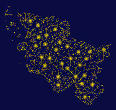 Bright yellow mesh Schleswig-Holstein Land map with glow effect. Wire carcass triangular mesh in vector EPS10 format on a dark black background. Abstract 2d mesh created from triangular lines, points,
