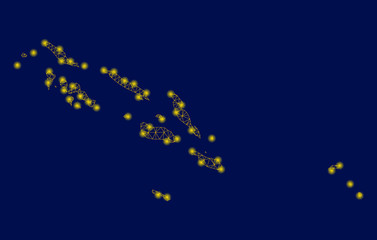 Bright yellow mesh Solomon Islands map with glare effect. Wire carcass polygonal mesh in vector EPS10 format on a dark black background. Abstract 2d mesh created from triangular lines, points,