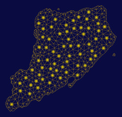 Bright yellow mesh Staten Island map with glare effect. Wire carcass polygonal mesh in vector EPS10 format on a dark black background. Abstract 2d mesh designed with triangles, small circle,