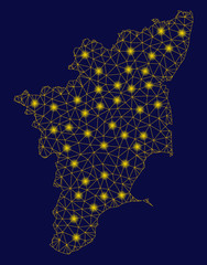 Bright yellow mesh Tamil Nadu State map with glare effect. Wire frame polygonal network in vector EPS10 format on a dark black background. Abstract 2d mesh built from polygonal grid, dots,
