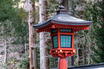Red Wooden Lantern of Japanese  Shinto Shrine in Tochigi, Japan