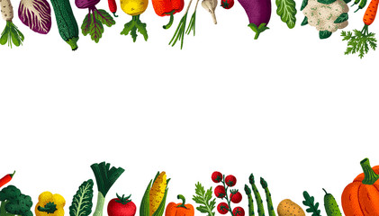 Wide horizontal Healthy eating background. Copy space. Variety of decorative vegetables with grain texture on white background. Farmers market, Organic food poster, cover or banner design. Vector.