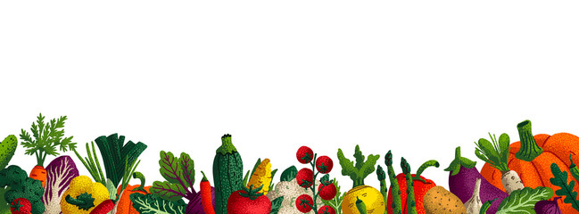 Wide horizontal vegetable background. Copy space. Variety of decorative vegetables with grain texture on white background. Farmers market, Organic food poster, cover or banner design. Vector.