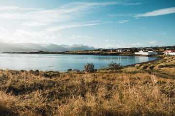 Amazing Iceland landscape with houses and wrack of ship in grass near lake, sunny weather