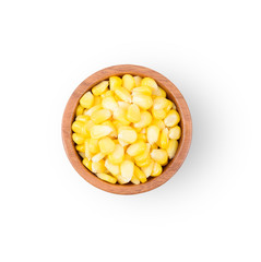 Top  view corn seeds in wood blow isolated on white background