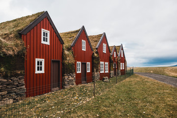 Traditional houses with grass-covered roofs in Iceland, Europe