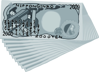 Monochrome Backside Bunch of Cute hand-painted Japanese 2000 yen note 