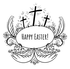 Doodle frame Happy easter with three crosses