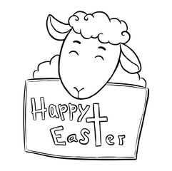 Lettering Happy easter in frame with happy sheep