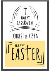 Lettering, text Christ is risen, Happy Easter and Passover with cross