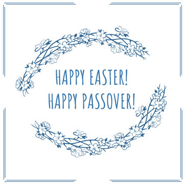 Happy Easter Happy Passover With Frame Of Crown Of Thorns And Spring Flowers