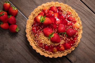 Delicious strawberry cake on the table
