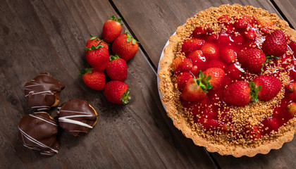 Delicious strawberry cake on the table
