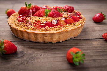 Delicious strawberry cake on the table