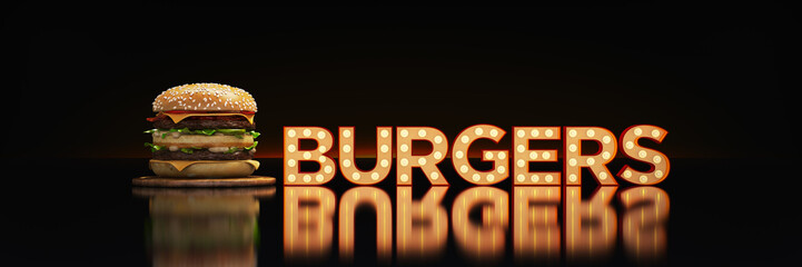 hamburger with neon sign. 3d rendering
