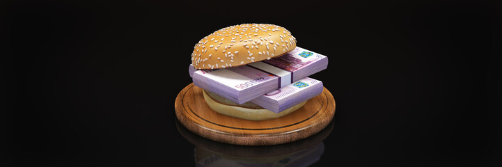 Hamburger with euro bank notes. 3d rendering