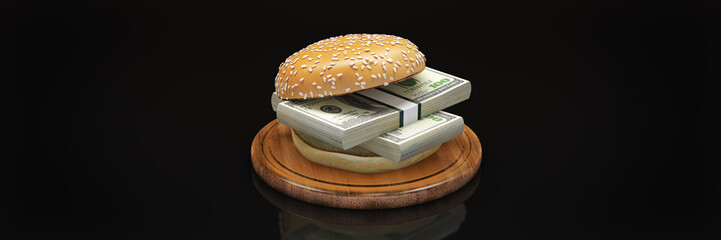 Hamburger with dollar bank notes. 3d rendering