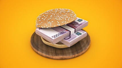 Hamburger with euro bank notes. 3d rendering