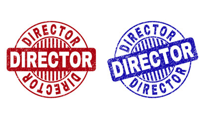 Grunge DIRECTOR round stamp seals isolated on a white background. Round seals with grunge texture in red and blue colors. Vector rubber imprint of DIRECTOR text inside circle form with stripes.