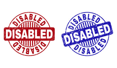 Grunge DISABLED round stamp seals isolated on a white background. Round seals with distress texture in red and blue colors. Vector rubber imitation of DISABLED title inside circle form with stripes.