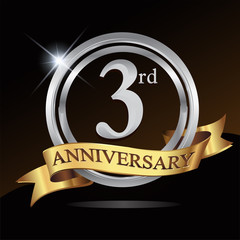 3rd anniversary logo, with shiny silver ring and gold ribbon isolated on black background. vector design for birthday celebration.