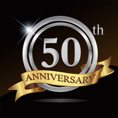 50th anniversary logo, with shiny silver ring and gold ribbon isolated on black background. vector design for birthday celebration.