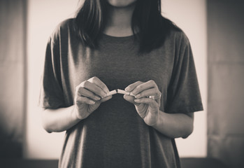 Concept no smoking day world quitting world no tobacco in 31 may day,Woman hands destroying or...