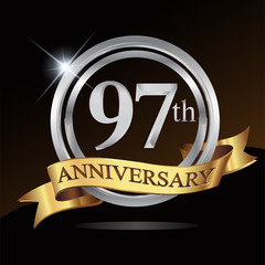 97th anniversary logo, with shiny silver ring and gold ribbon isolated on black background. vector design for birthday celebration.