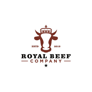 Royal Beef logo, vintage crown & head cow logo, food logo