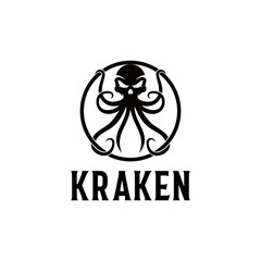 Kraken Skull Logo Design Vector, Stylized Black and White Illustration of a Mythical Sea Monster with Tentacles Wrapped Around a Vicious Skull, Ideal for Apparel, Gaming, or Nautical Brands