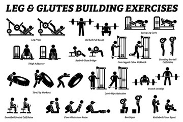 Legs and glutes building exercise and muscle building stick figure pictograms. Artworks depict set of weight training reps workout for legs and glutes by gym machine tools with instructions and steps.