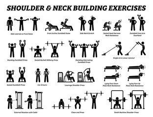 Shoulder and neck building exercise and muscle building stick figure pictograms. Set of weight training reps workout for shoulder and neck by gym machine tools with instructions and steps.