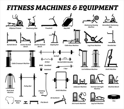 Fitness, cardio, and muscle building machines, equipments set at gym. Artworks depict a list of exercise workout tools, machines, and equipments in the gym room.