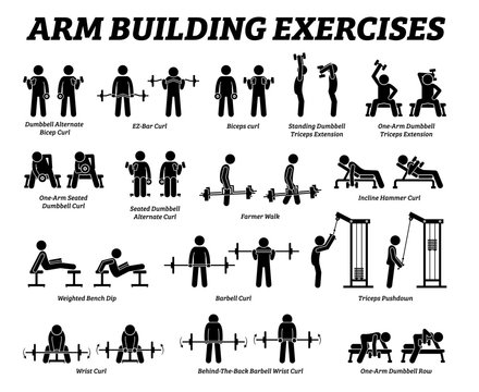 Arm building exercises and muscle building stick figure pictograms. Artworks depict a set of weight training reps workout for arm hand muscle by gym machine and tools with step by step instructions.