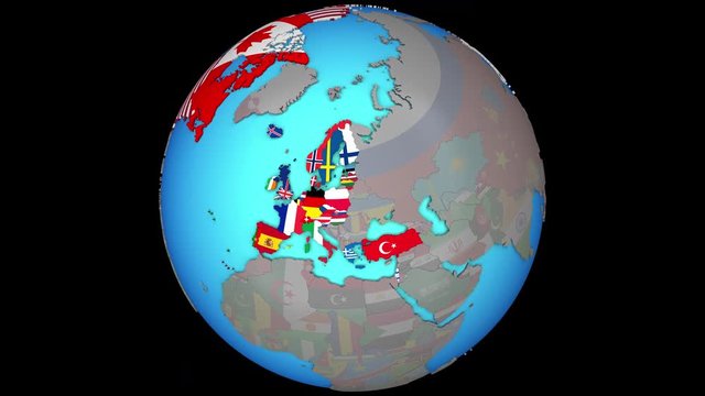 Closing in on OECD European members with embedded national flags on blue political 3D globe. 3D illustration.
