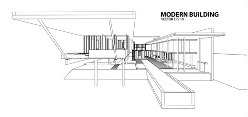 Perspective 3D render of building wireframe - Vector illustration 