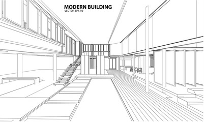 Perspective 3D render of building wireframe - Vector illustration 